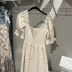 Smocked Square-Neck Midi Dress in Cream